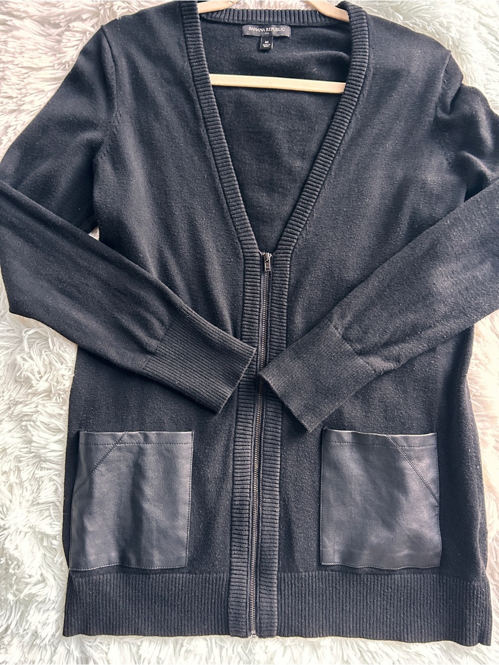 Banana Republic Black Zip Cardigan with Faux Leather Pockets - Size Medium